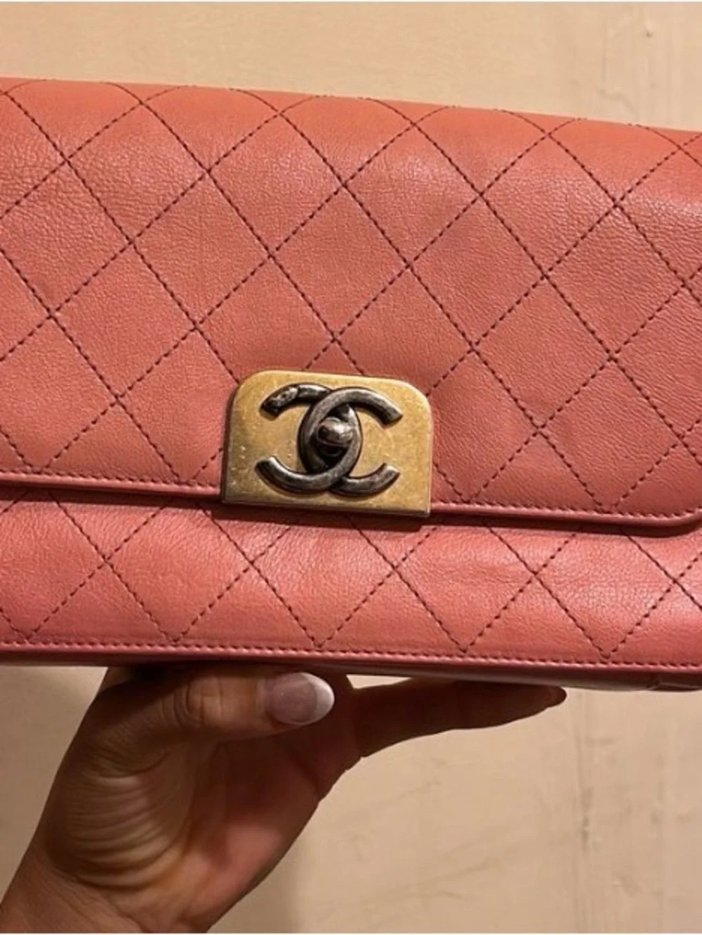 Authentic CHANEL Quilted Leather Clutch in Rose Pink with Gold-Tone CC Lock